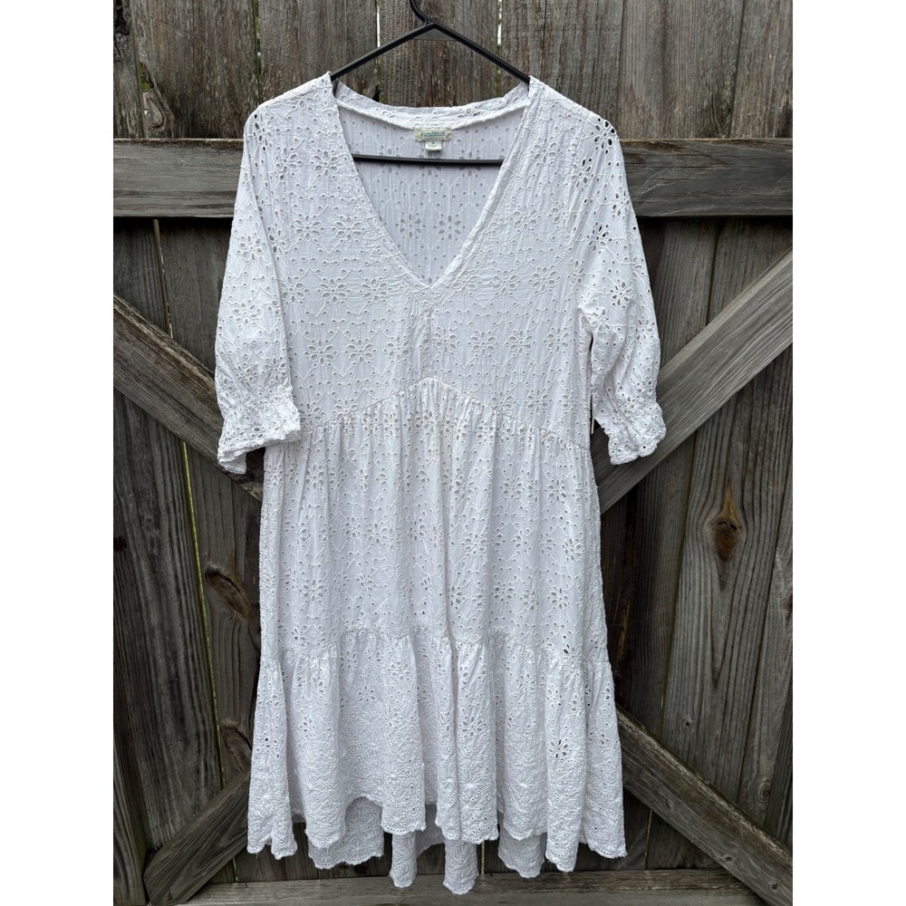 Sundance White Eyelet Cotton Tiered Midi Dress V-Neck Boho Embroidery Medium